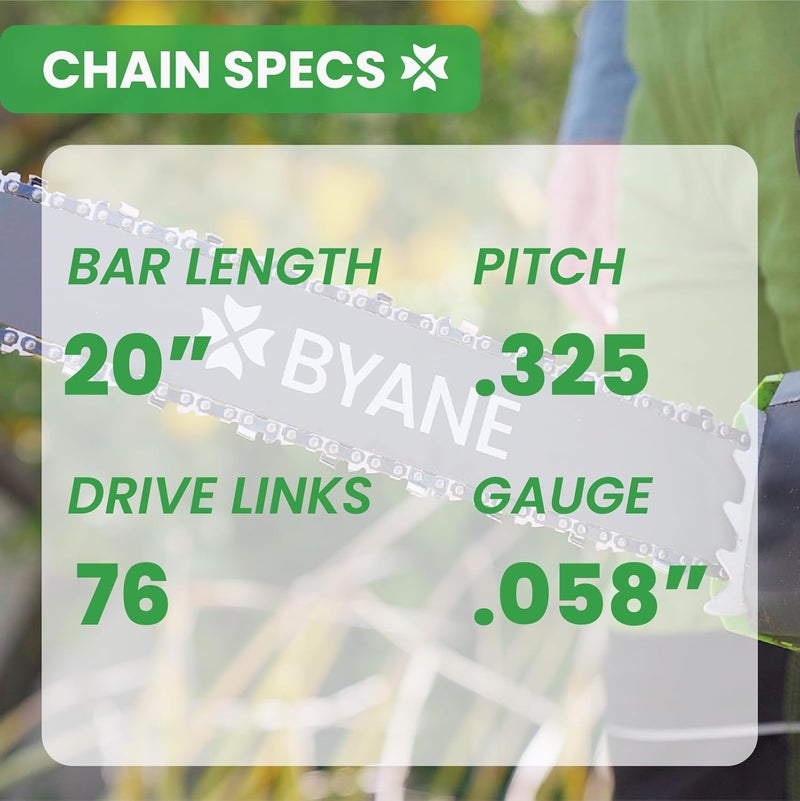 Byane Carbide Chainsaw Chain 20 Inch, .325 Pitch, 058" Gauge, 76 Drive Links, Low Kickback, Fits Blue Max 53543, 52209, 8901, 8902, Oregon and More (1 chain). - Image 3